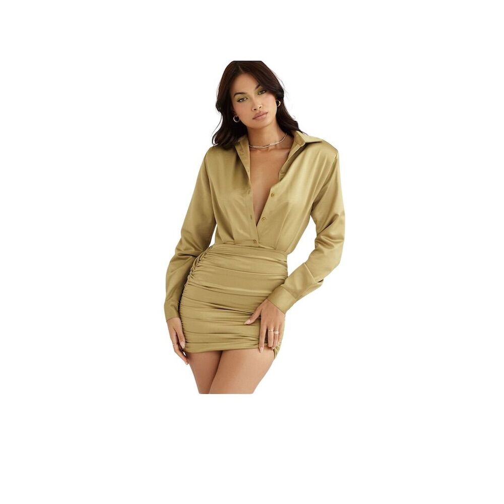 House of CB Christy Women's Olive Satin Shirt Dress Size L Short V-Neck